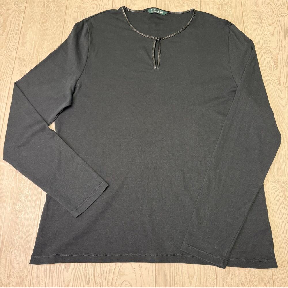 Lauren Ralph Lauren Black Top Large Leather Trim Keyhole Long Sleeve Cotton